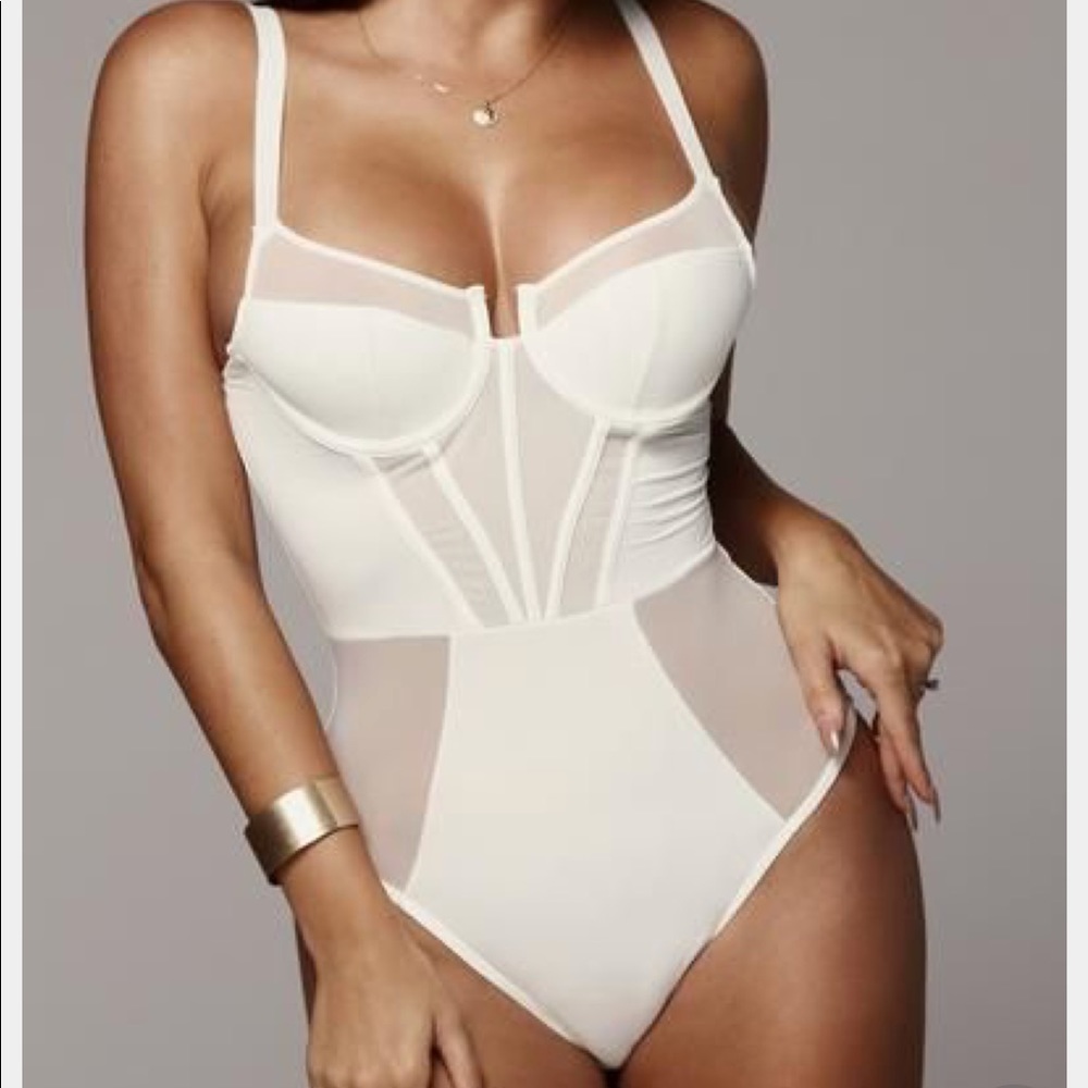 JLuxLabel White Empire Sheer Bodysuit - small